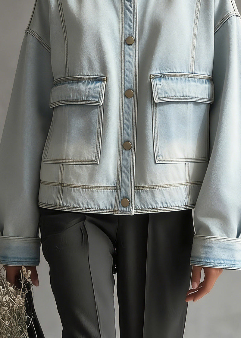Blue O-neck Pockets Denim Coat Long Sleeve