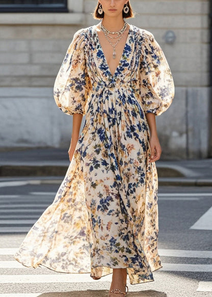 Khaki V Neck Print Chiffon Maxi Dresses Bracelet Sleeve