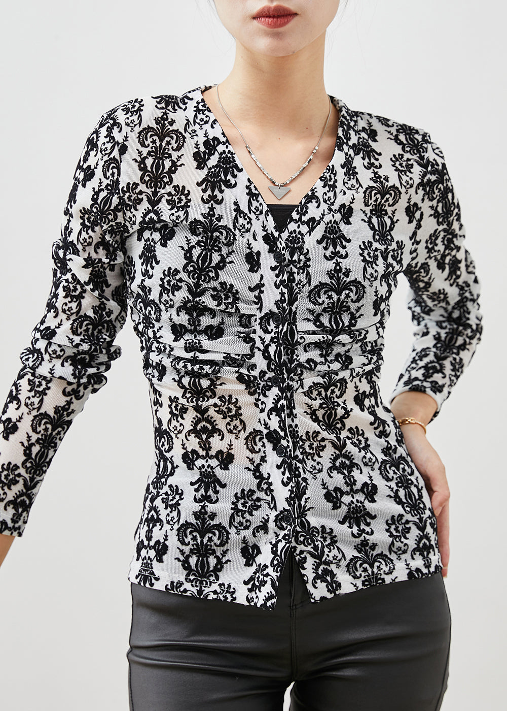Black Jacquard Silm Fit Cotton Blouses Spring