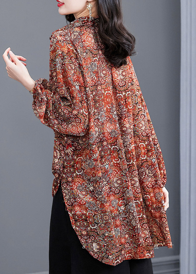 Red Peter Pan Collar Button Print Side Open Chiffon Shirt Tops Long Sleeve