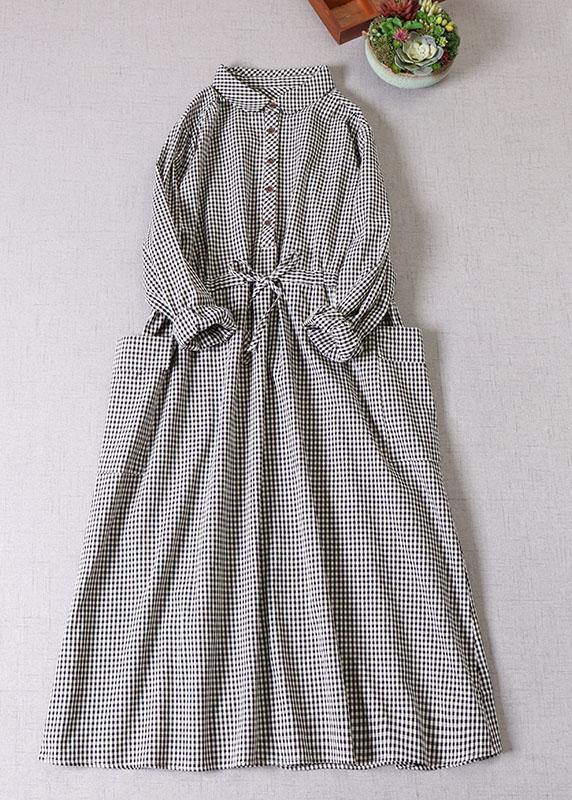 Black White Plaid Pockets Button Tie Waist Fall Patchwork Dress Long Sleeve