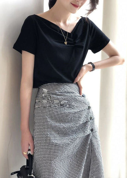 Black V Neck Tops and Skirts Cotton Two Pieces Summer