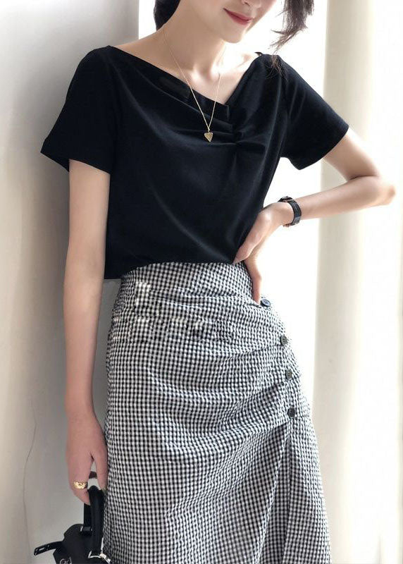 Black V Neck Tops and Skirts Cotton Two Pieces Summer