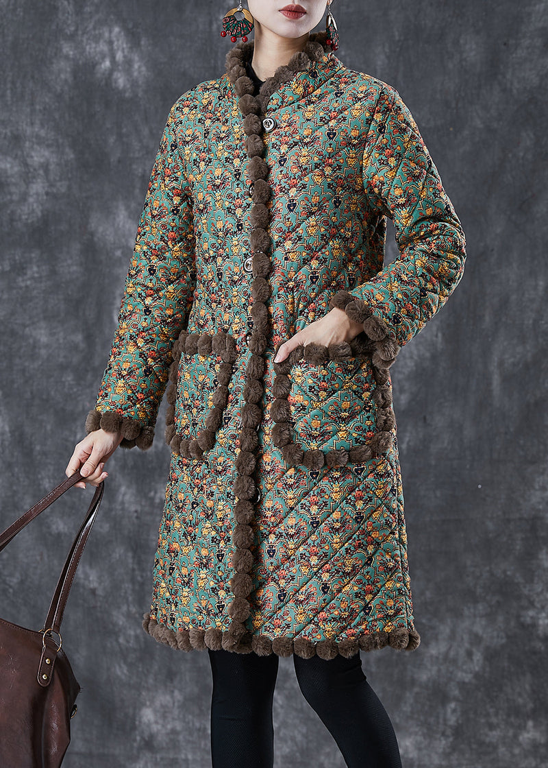 Art Green Oversized Print Warm Fleece Coat Winter