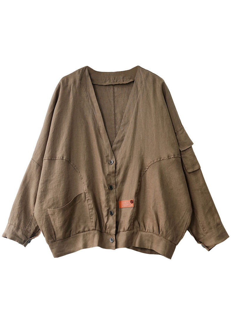 Khaki V Neck Loose Button Fall Long Sleeve Jacket