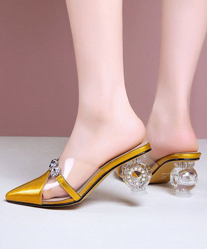 Crystal Chunky Heel Yellow Zircon Faux Leather Slide Sandals