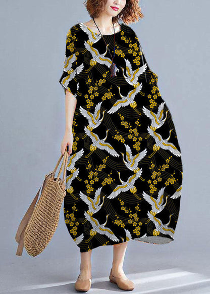Orange Cashews O-neck Striped Summer Cotton Maxi Dresses