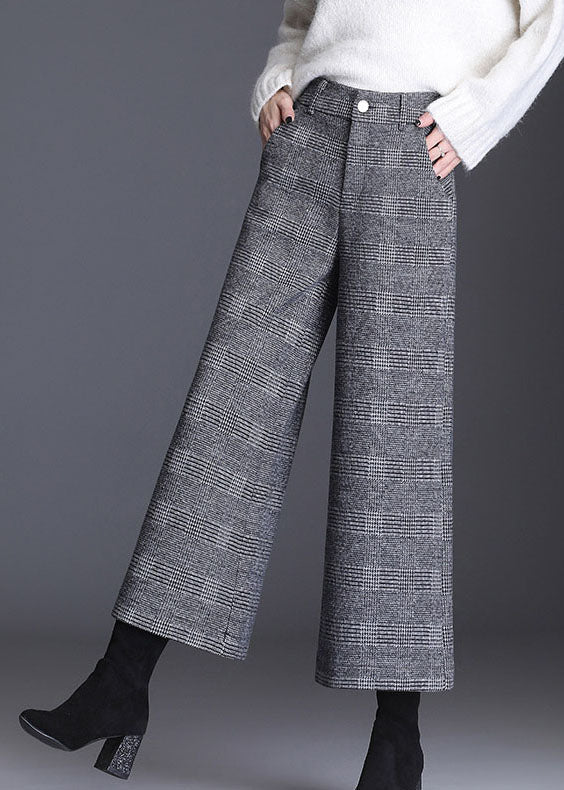 Italian Grey Plaid Pockets Straight Fall Pants