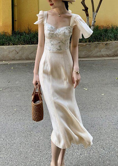 Square Collar Print Patchwork Silk Dress Summer