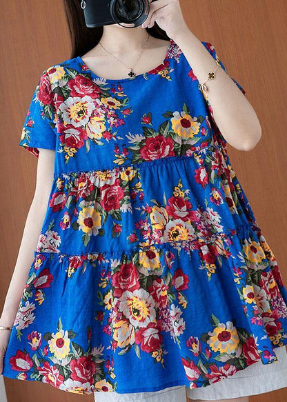 Fine Blue Print O-neck Short Sleeve Cotton Linen Top Summer