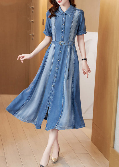Blue Peter Pan Collar Patchwork Sashes Silk Denim Long Dress Short Sleeve