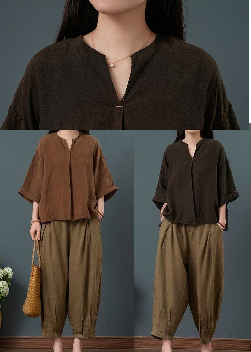 Chocolate V Neck Linen Two Pieces Set Summer