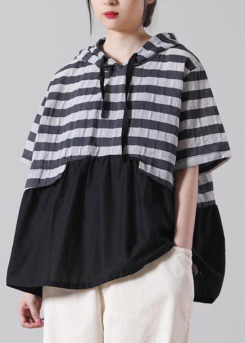 Black Striped Patchwork Cotton Linen Blouses Summer