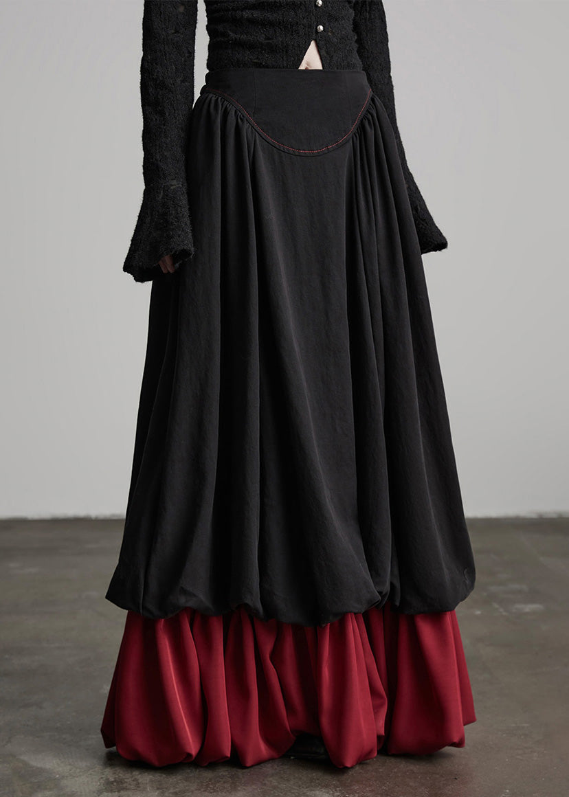 Black Wrinkled Patchwork False Two Pieces Cotton Skirts Fall