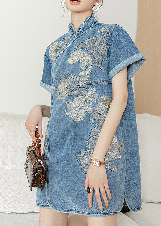 Unique Blue Stand Collar Embroideried Side Open Button Cotton Denim Mid Dress Short Sleeve