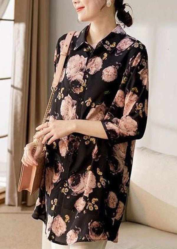 Boutique Black Peter Pan Collar Print Chiffon Blouse Tops Bracelet Sleeve