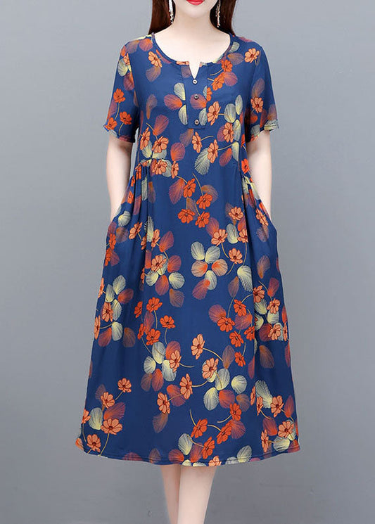 Blue O-neck Wrinkled Print Cotton Cinch Dresses Short Sleeve