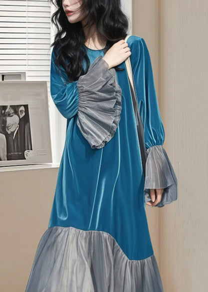 Blue Wrinkled Patchwork Silk Velvet Long Dress Flare Sleeve