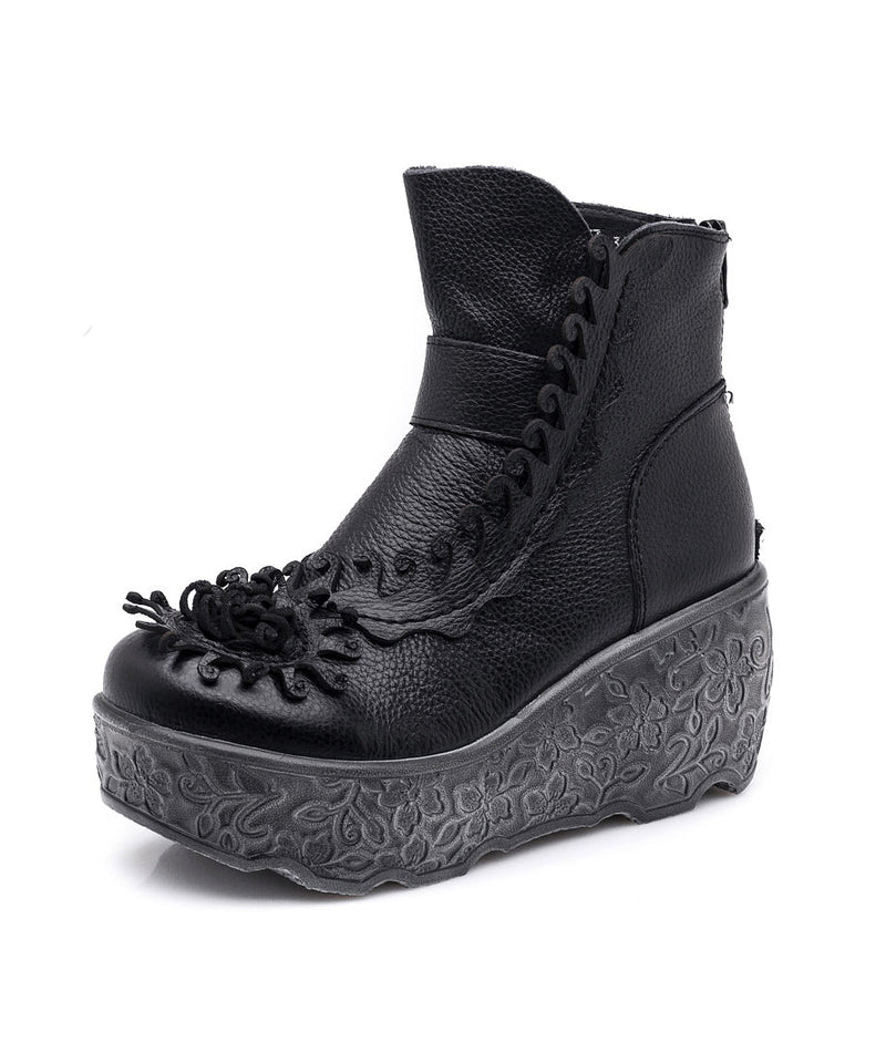Handmade Splicing Wedge Boots Black Cowhide Leather