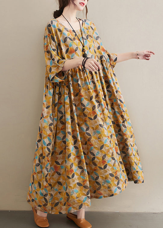 Baggy Yellow O-neck Wrinkled Leaf Print Linen Ankle Dress Half Sleeve