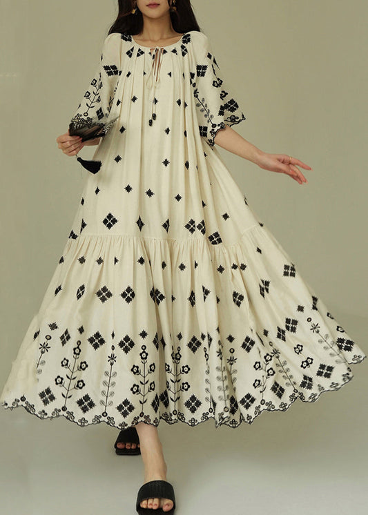 French White Print Wrinkled Cotton Long Dress Summer