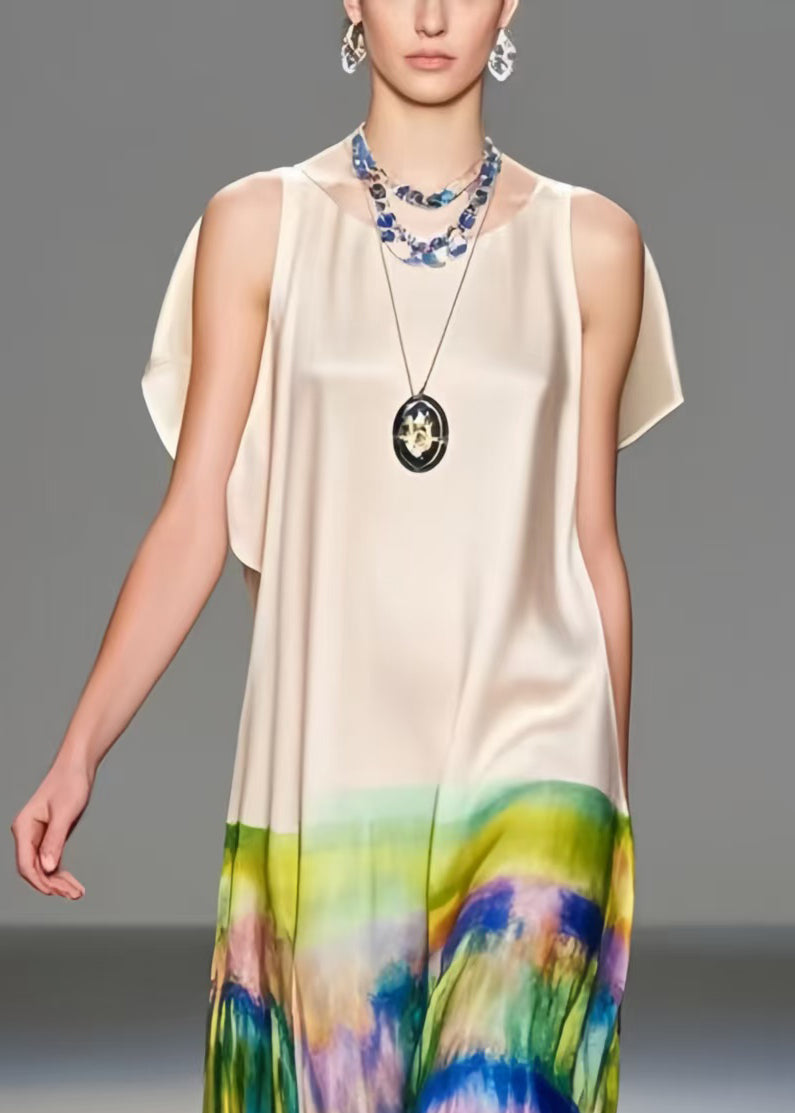 Unique Apricot Cold Shoulder Tie Dye Silk Long Dresses Sleeveless