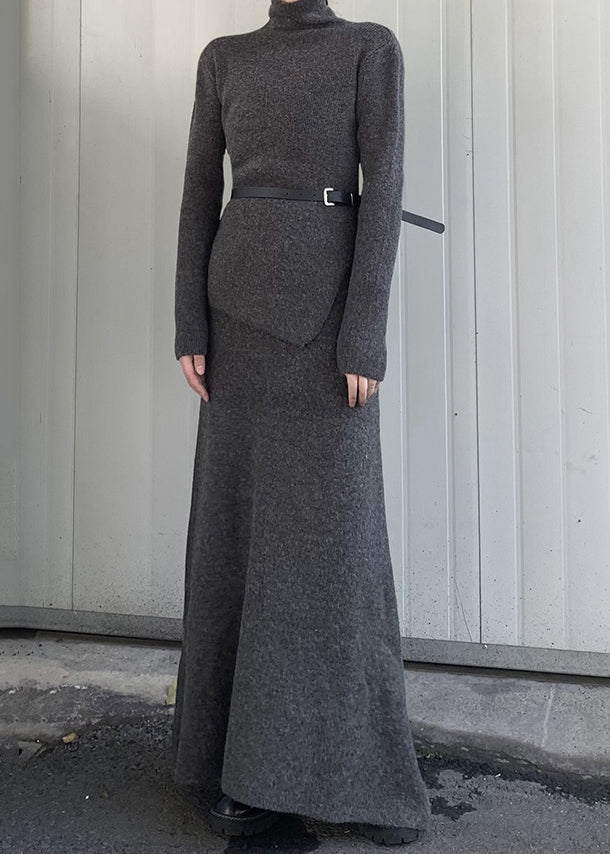 Grey Turtle Neck Asymmetrical Design Knit Two Pieces Set Winter