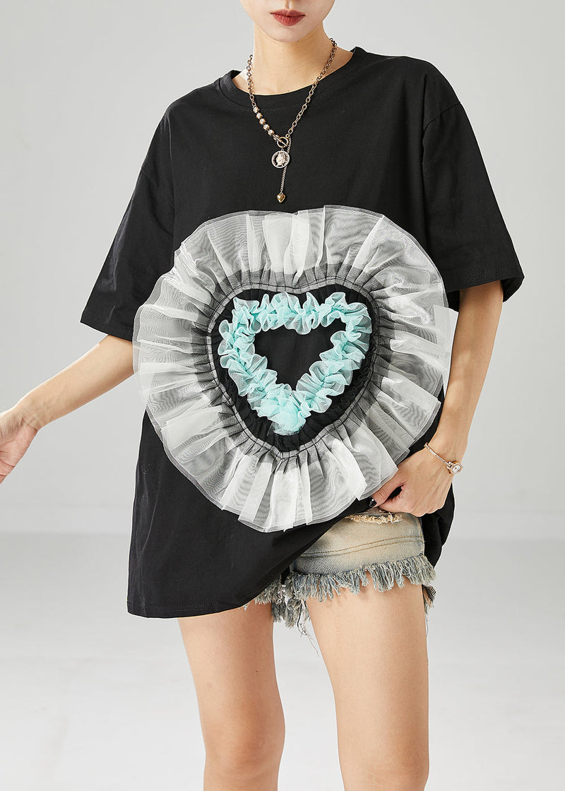 Black Oversized Patchwork Love Appliqued Cotton Tank Tops Summer