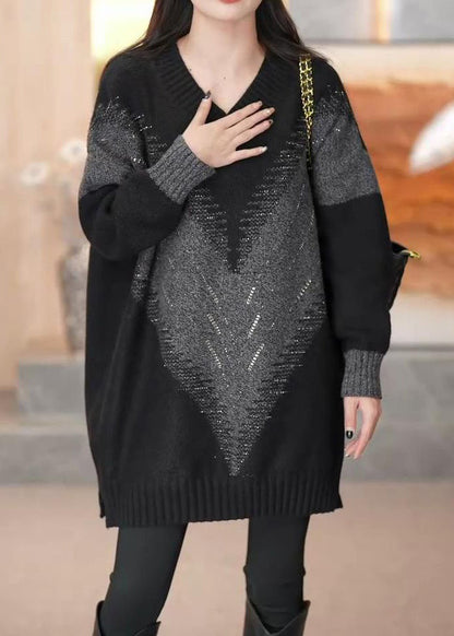 Loose Black V Neck Patchwork Cotton Knit Sweaters Long Sleeve Spring