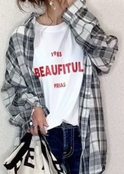 White O Neck Letter Print Cotton T Shirt Summer