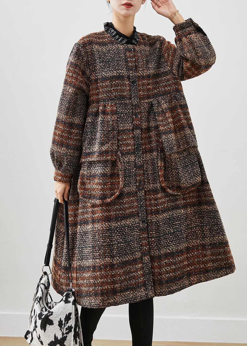 Brown Ruffled Pockets Thick Cotton Coats Winter