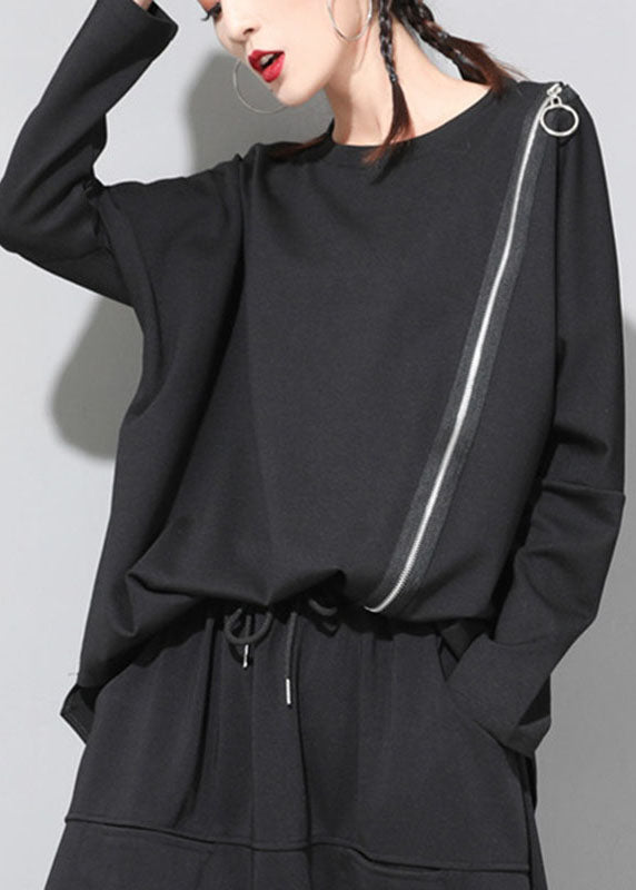 Black O-neck Patchwork Asymmetrical Design Zippered Fall Long Sleeve Top