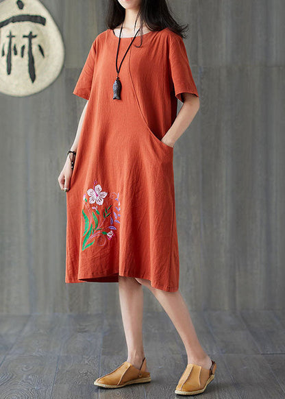Handmade Caramel O-neck Embroideried Pocket Cotton Mid Dress Short Sleeve