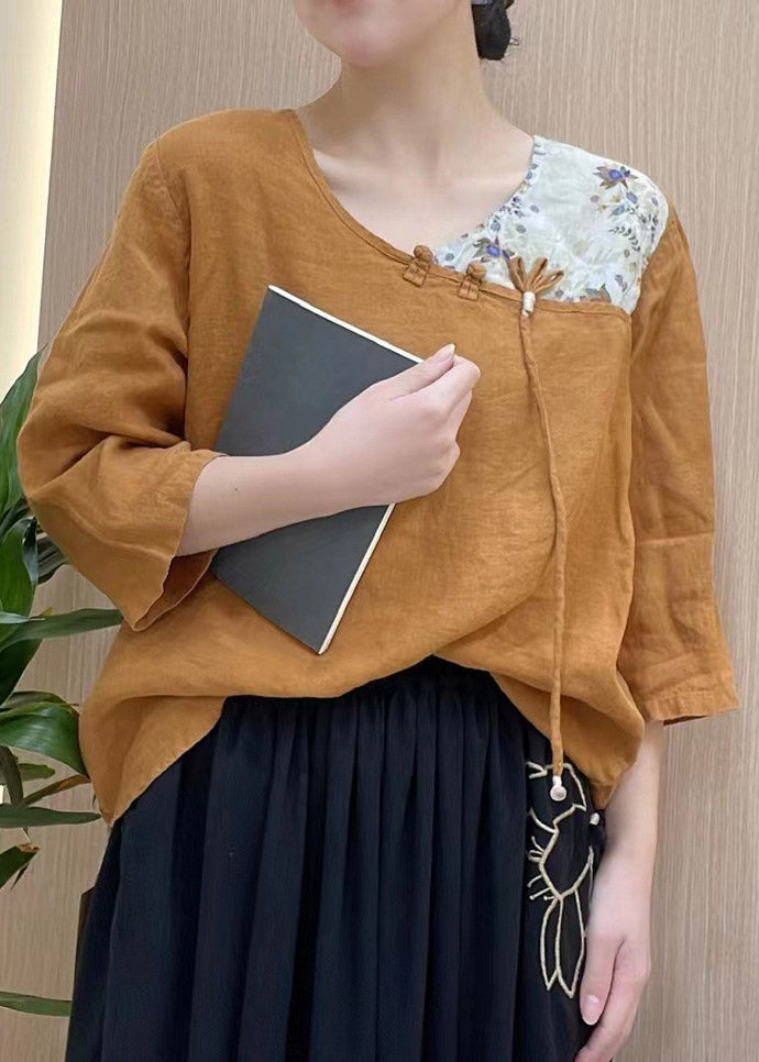 Orange V Neck Asymmetrical Design Print Linen Top Three Quarter Sleeve