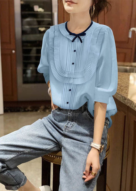 Blue O-neck Patchwork Bow Wrinkled Chiffon Shirt Bracelet Sleeve Summer