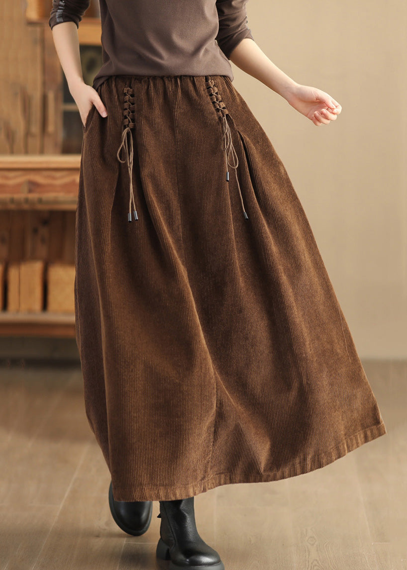 Coffee Lace Up Corduroy Skirts High Waist