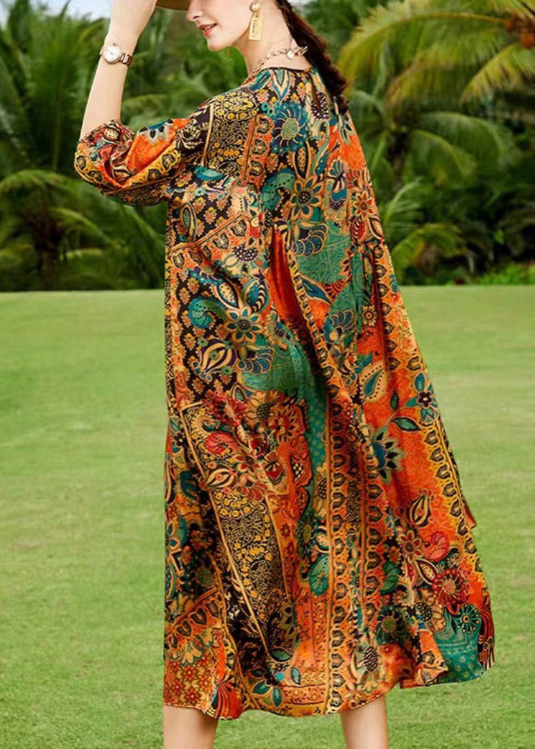 O-neck Print Silk Dress Long Sleeve
