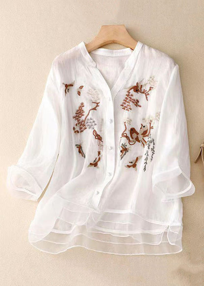 White V Neck Patchwork Cotton Shirt Top Spring