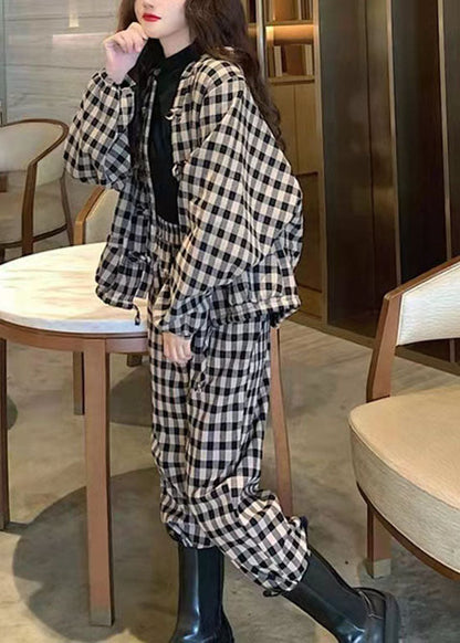 Stylish White Plaid Warm Fleece Tops Harem Pants Two Pieces Set Spring