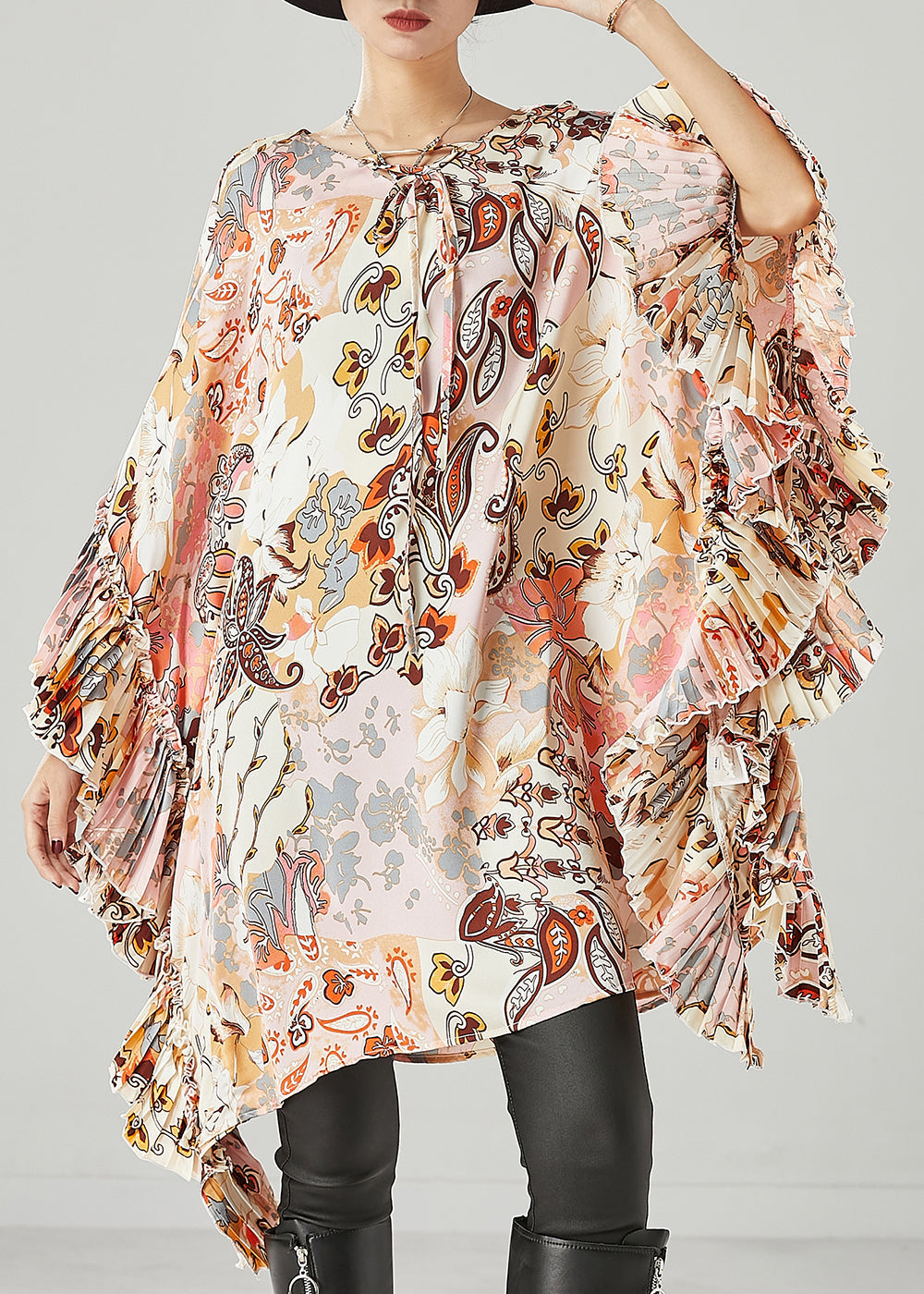 Art Apricot Print Ruffles Chiffon Maxi Dress Batwing Sleeve Spring
