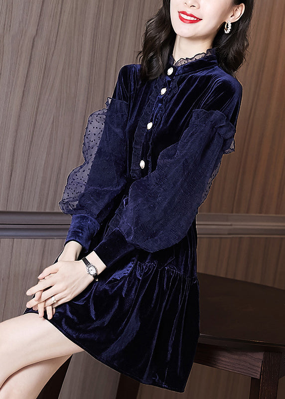 Navy Ruffled Tie Waist Patchwork Velour Dresses Puff Sleeve