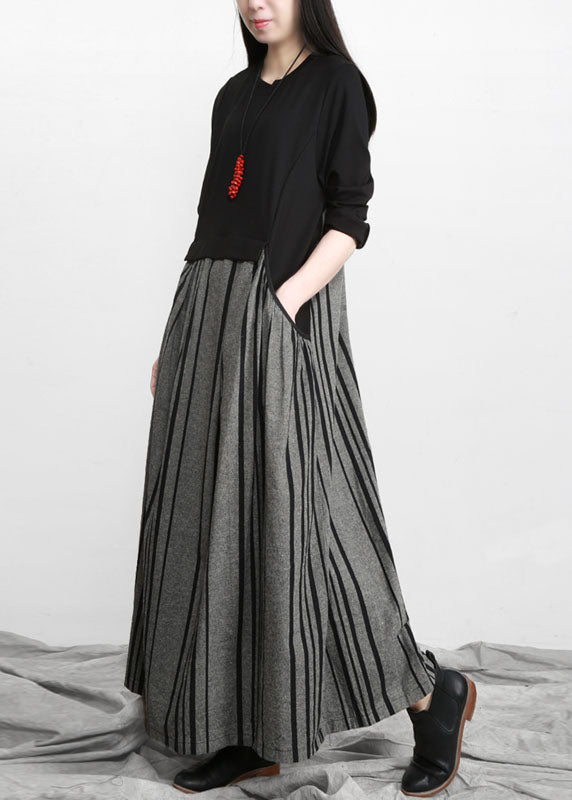 Black O-neck Pockets Striped Patchwork Linen Holiday Dress Long Sleeve