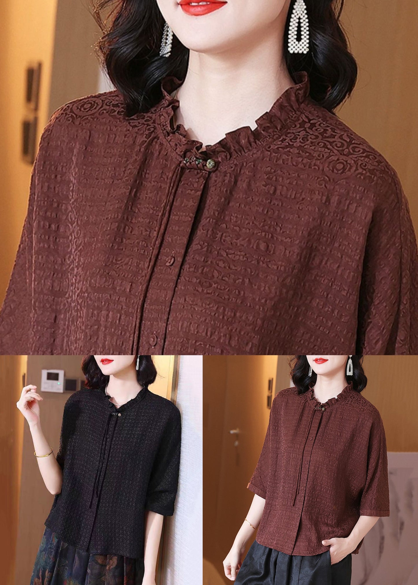 Black Button Silk Shirt O Neck Bracelet Sleeve