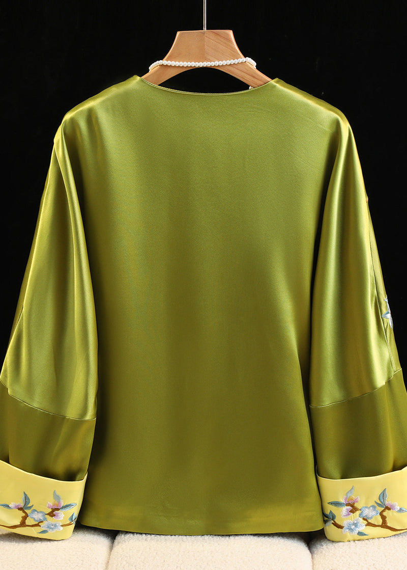 Chinese Style Green O-neck Embroidered Silk Coats Fall