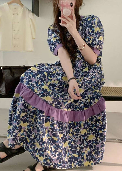 Pink Print Patchwork Cotton Long Dress Summer