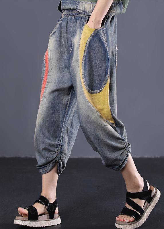 Blue Cotton New Patchwork Pants Loose Cinched Jeans