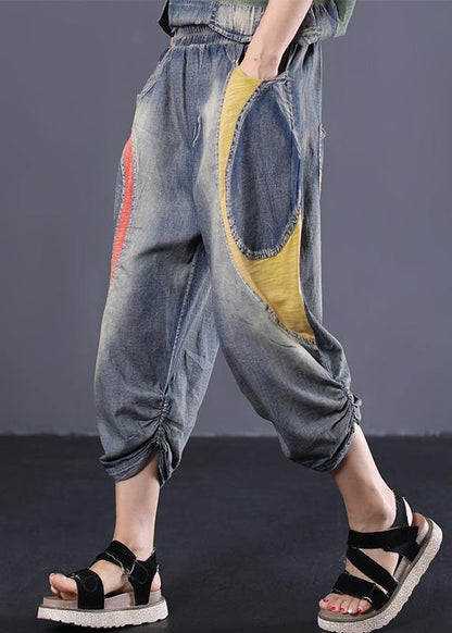 Blue Cotton New Patchwork Pants Loose Cinched Jeans