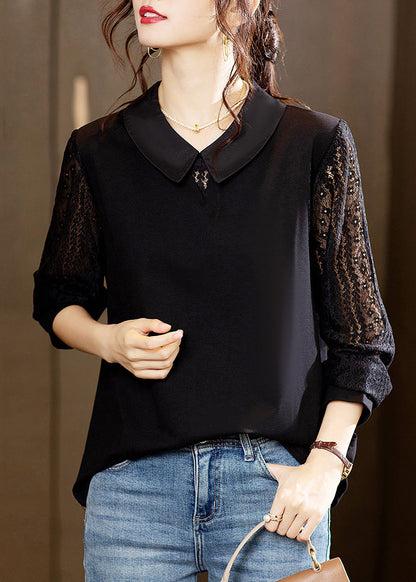 Black Hollow Out Lace Patchwork Tops Long Sleeve