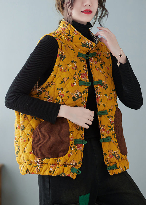 Yellow Chinese Button Print Pockets Cotton Filled Waistcoat Spring
