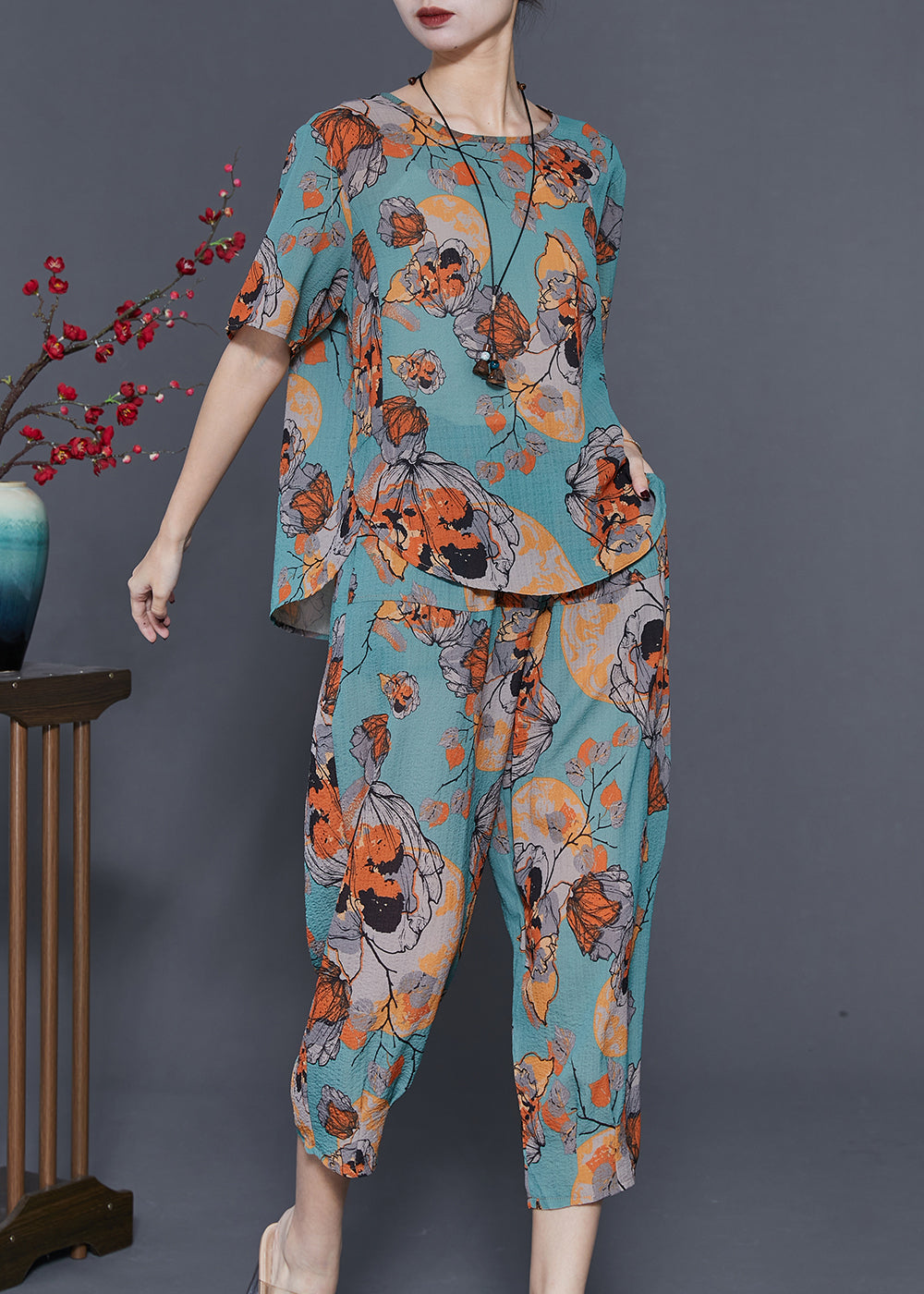 Diy Blue Oversized Print Linen Two Pieces Set Summer